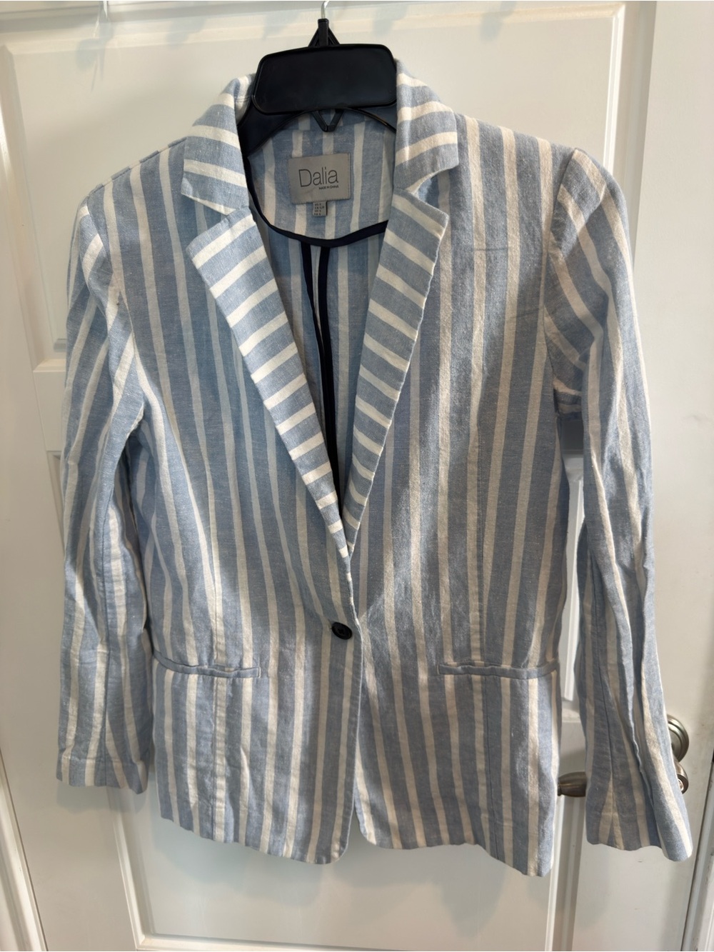 Dalia Striped Light Blue and White Linen-Blend Blazer